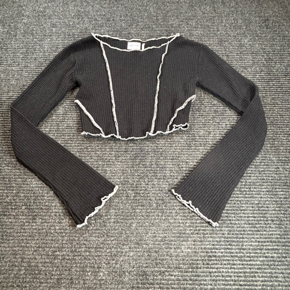 Out From Under Urban Outfitters Black Waffle‎ Knit Exposed Seam Crop Top Small
